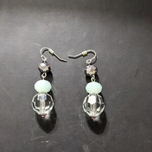 SILVER Tone Mint Green Gunmetal Black Clear Crystal Beaded Statement Earrings